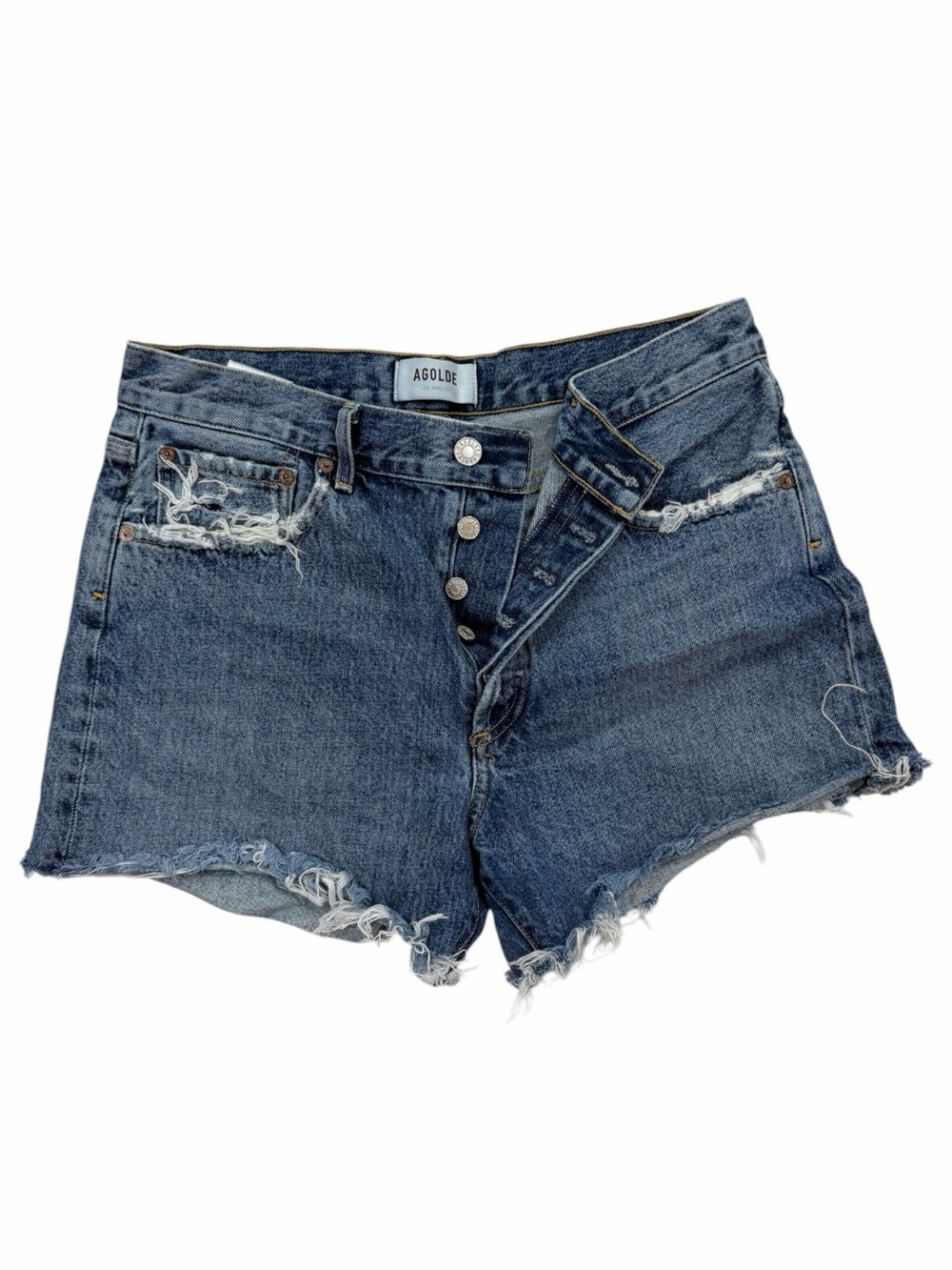 Agolde Classic Blue High-Rise Raw Hem Denim Shorts - Picture 2 of 9